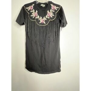 Asos Tunic Top Blouse Size 00 Short Sleeves Black Floral Embroidery Fringe